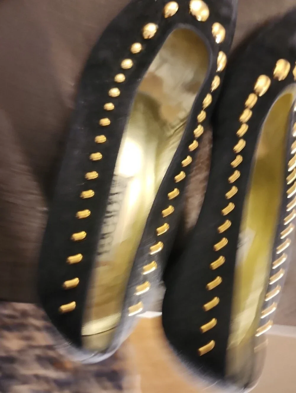 Escada Black Suede Pumps with Gold Stud Detailing
